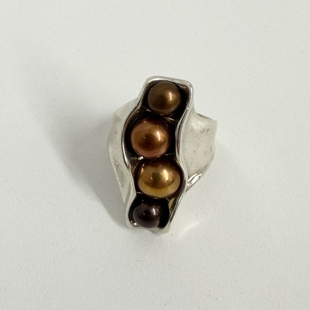 HG Hagit Gorali Sterling W/ 4 Brown Tones Pearls Ring VERY COOL Size 7 1/4 - Picture 4 of 11